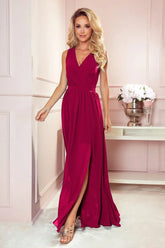 Numoco justine maxi long gown with neckline, leg slit and back tie  Adomoo